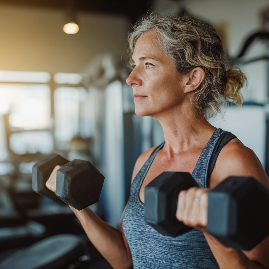 Middle-aged woman doing strength training with dumbbells in modern fitness studio