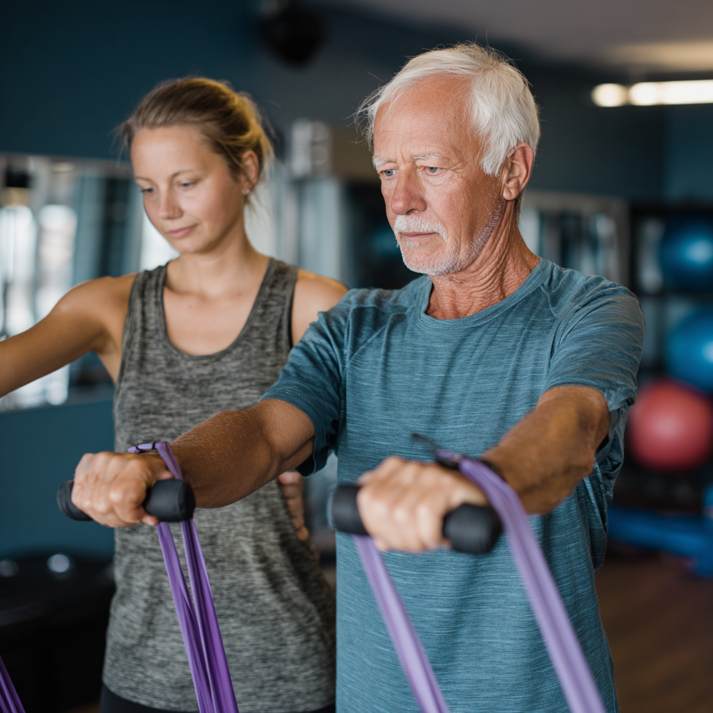 Senior man exercising with resistance bands guided by fitness instructor